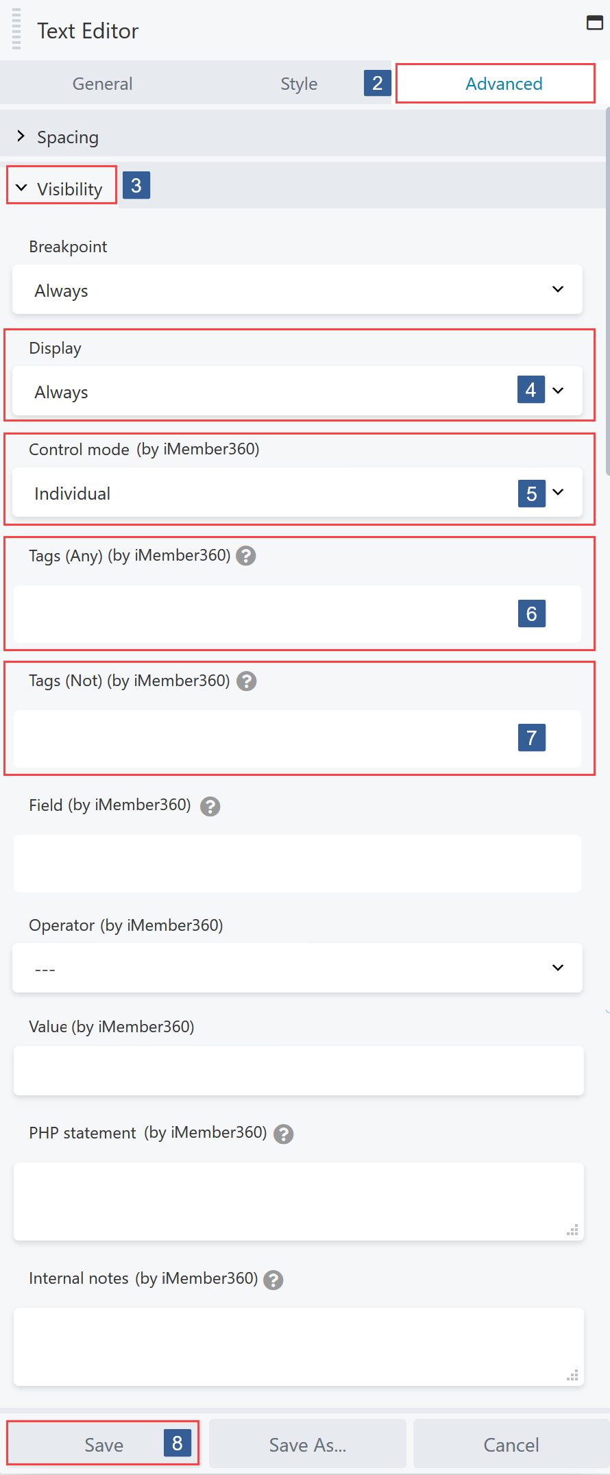 Steps for specifying visibility conditions for Beaver Builder Module/Column/Row based upon contact tags