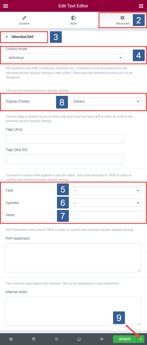 Steps for specifying conditions for Elementor Widget/Section display based upon contact field value