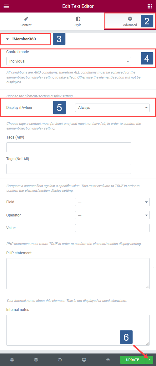 Steps for specifying Elementor Widget/Section display settings