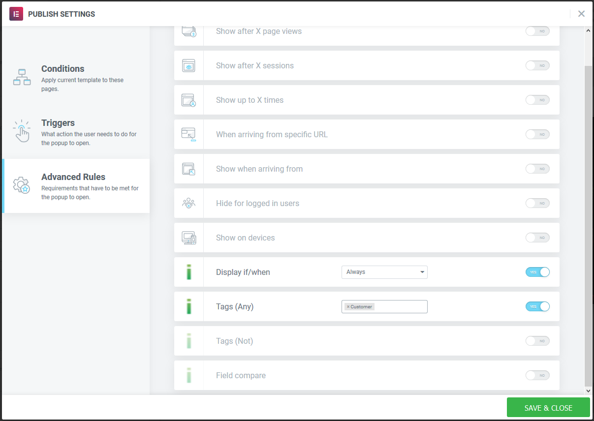 Elementor Popup Display Settings Example 1