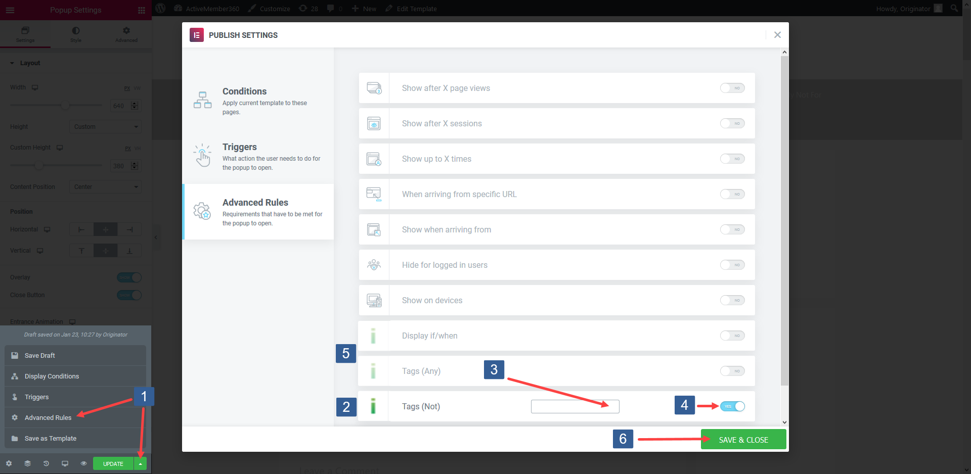 Steps for specifying Elementor Popup display based upon contact not having tags