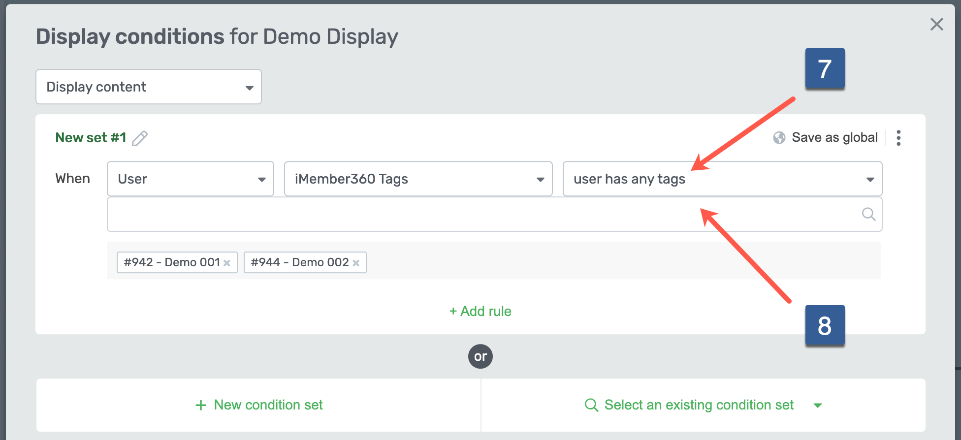 Steps for specifying display conditions for Thrive Architect based upon the contact has/has not specific tags